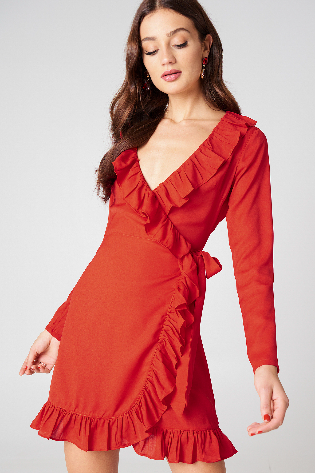 Long Sleeve Wrap Frill Dress Red | na ...
